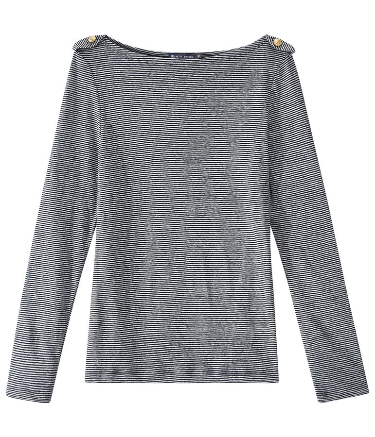 Gestreiftes Damen-Langarmshirt aus Leinen blau/weiss