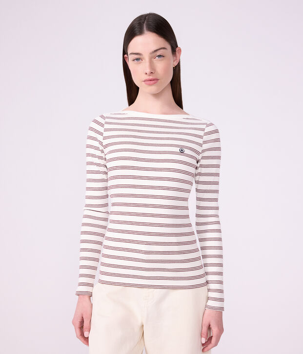 Lang&auml;rmeliges Damen T-Shirt aus Baumwolle mit Offizierskragen und Streifen weiss/rot