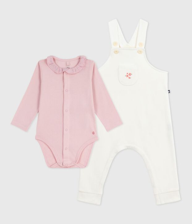 Baby-Latzhosen-Set aus einfarbiger Baumwolle mit h&uuml;bschen Verzierungen naturfarben/rosa