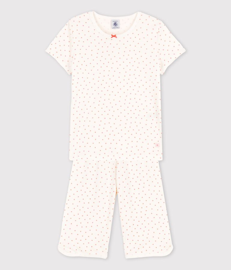 Kinderpyjama aus Baumwolle mit kleinen Herzen f&uuml;r M&auml;dchen weiss MARSHMALLOW/ PAPAYE
