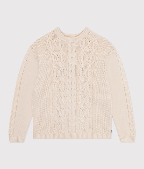 Damen-Pullover aus einfarbiger Wolle und Baumwolle mit Zopfmuster naturfarben AVALANCHE