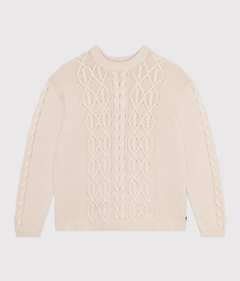 Damen-Pullover aus einfarbiger Wolle und Baumwolle mit Zopfmuster naturfarben