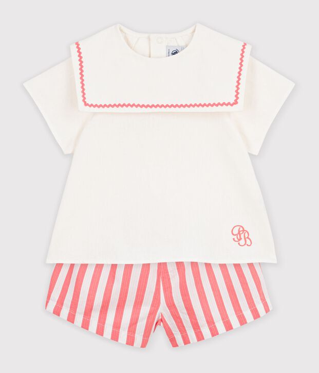 2-teiliges Baby-Set aus Baumwolle/Leinen, Oberteil mit Matrosenkragen rosa/weiss