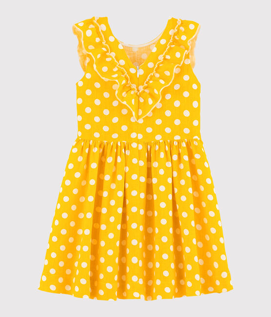 Kurzärmeliges Kinder-Kleid aus Leinen für Mädchen gelb SHINE/weiss MARSHMALLOW