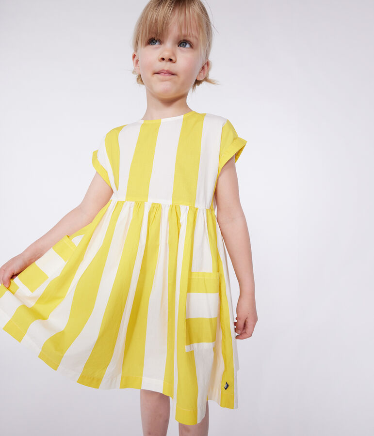 Kurz&auml;rmeliges Kinder-Kleid aus Baumwolle mit Streifen weiss/gelb