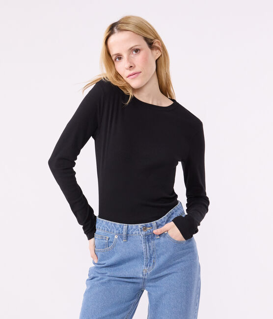 Langärmeliges Damen-T-Shirt L'Iconique aus einfarbigem Rippstrick schwarz BLACK