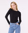 Langärmeliges Damen-T-Shirt L'Iconique aus einfarbigem Rippstrick schwarz BLACK