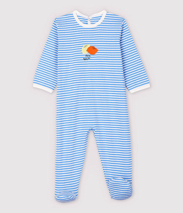Blau gestreifter Baby-Strampler aus Baumwolle mit Fr&uuml;chte-Motiv blau/weiss