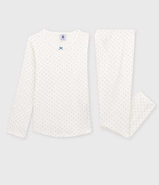 Kinderpyjama aus Bio-Baumwolle mit durchbrochenen Punkten für Mädchen weiss MARSHMALLOW/ POLOCHON
