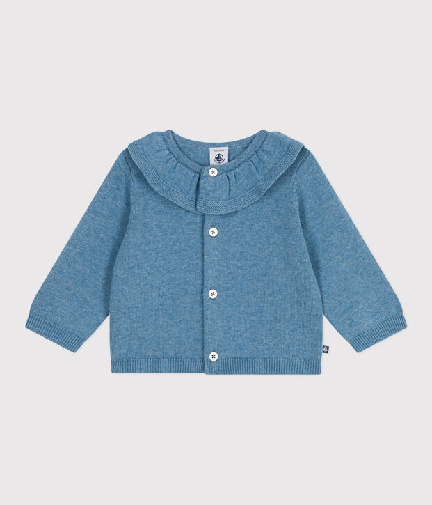 Baby-Cardigan mit Kragen aus einfarbigem Woll- und Baumwollstrick blau