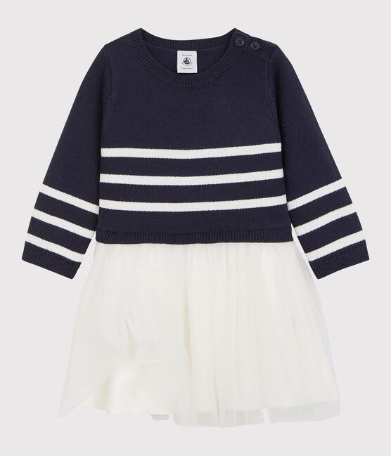 Baby-Kleid aus Wolle und Baumwolle für Mädchen blau SMOKING/weiss MARSHMALLOW