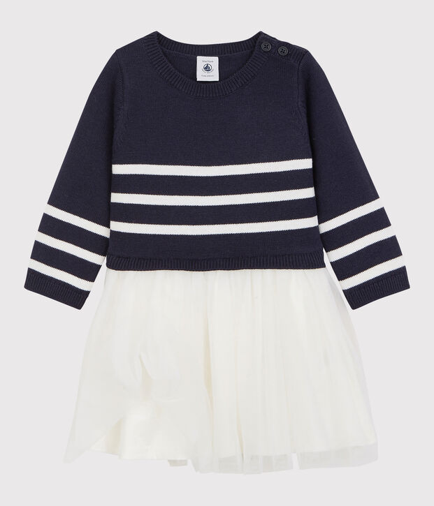 Baby-Kleid aus Wolle und Baumwolle f&uuml;r M&auml;dchen blau/weiss