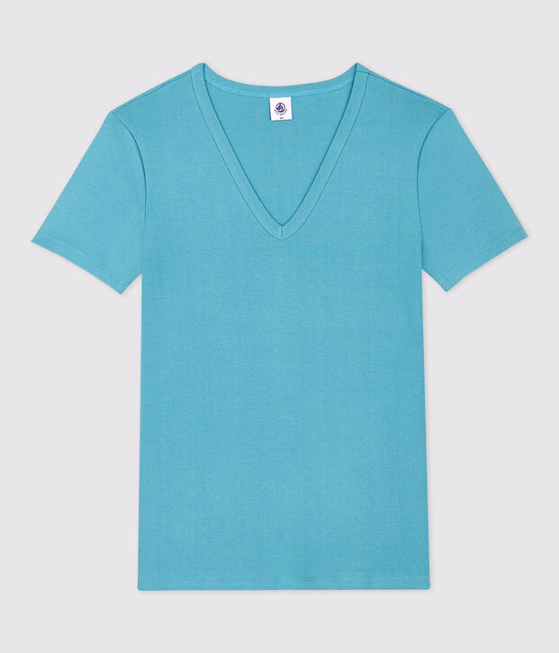 Damen-T-Shirt aus Baumwolle mit V-Ausschnitt blau
