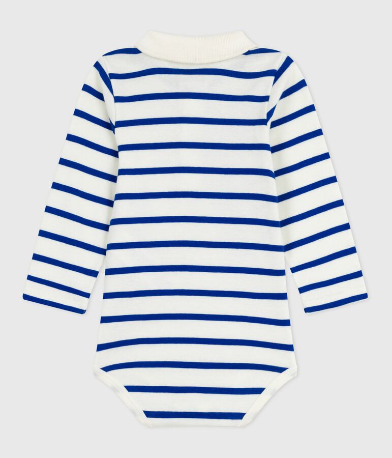 Baby-Body mit Polokragen aus gestreifter Baumwolle naturfarben/blau