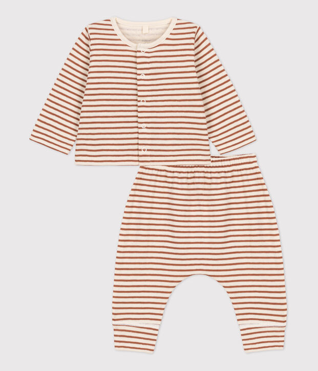 Baby-Set aus Baumwoll-Doppeljersey mit Streifenmuster naturfarben/braun/naturfarben