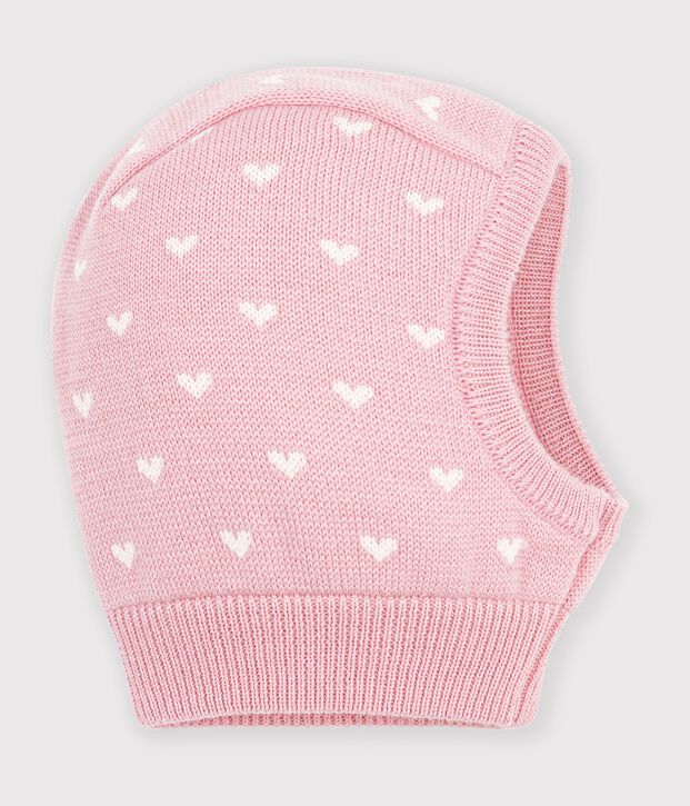 Baby-Schlauchm&uuml;tze aus Woll- und Baumwollstrick mit Herzmotiv rosa/weiss