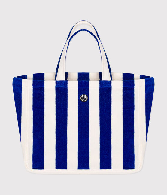 GESTREIFTE BOUCLETTE-FROTTEE-TASCHE FÜR DAMEN  blau SURF/weiss MARSHMALLOW