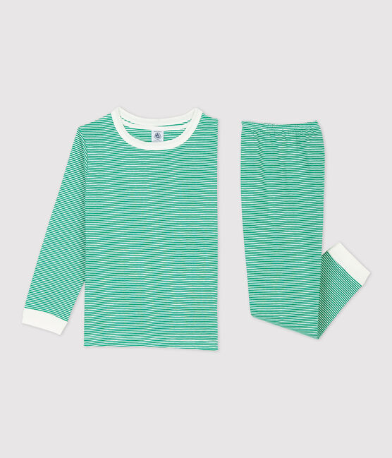 Kinderpyjama aus Bio-Baumwolle mit grünen Ringelstreifen grün PIVERT/weiss MARSHMALLOW