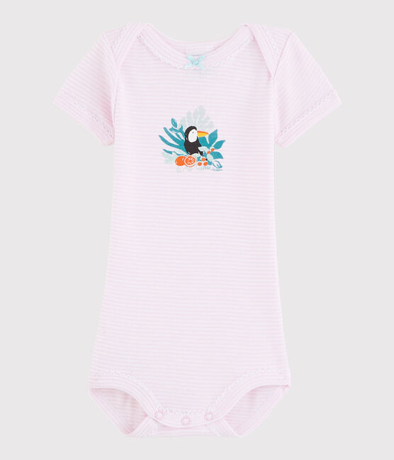 Kurzärmeliger Baby-Body Mädchen rosa DOLL/weiss ECUME