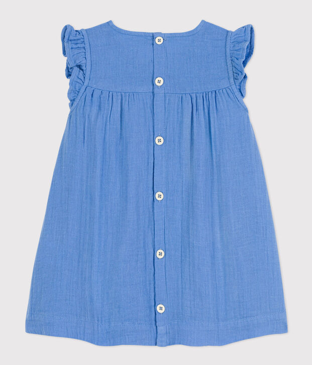 &Auml;rmelloses Baby-Kleid aus einfarbiger Baumwollgaze blau