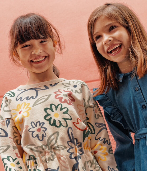 Langärmeliges Kinder-Kleid aus Molton für Mädchen weiss AVALANCHE/ MULTICO