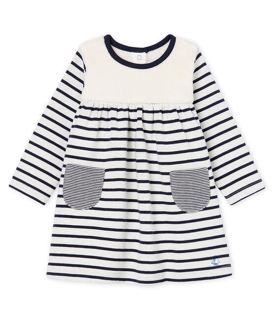 Langärmeliges gestreiftes Babykleid für Mädchen weiss MARSHMALLOW/blau SMOKING CN