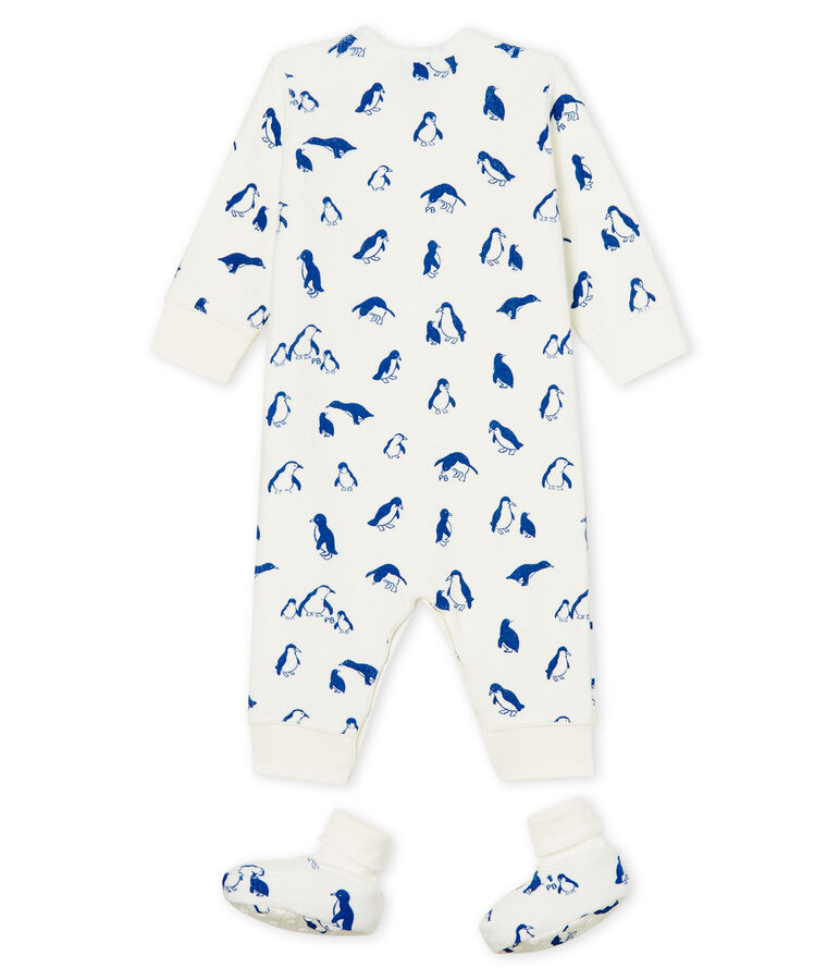 Baby-Nacht-Ensemble aus extra warmem, angerautem Boucl&eacute;-Frottier weiss/blau