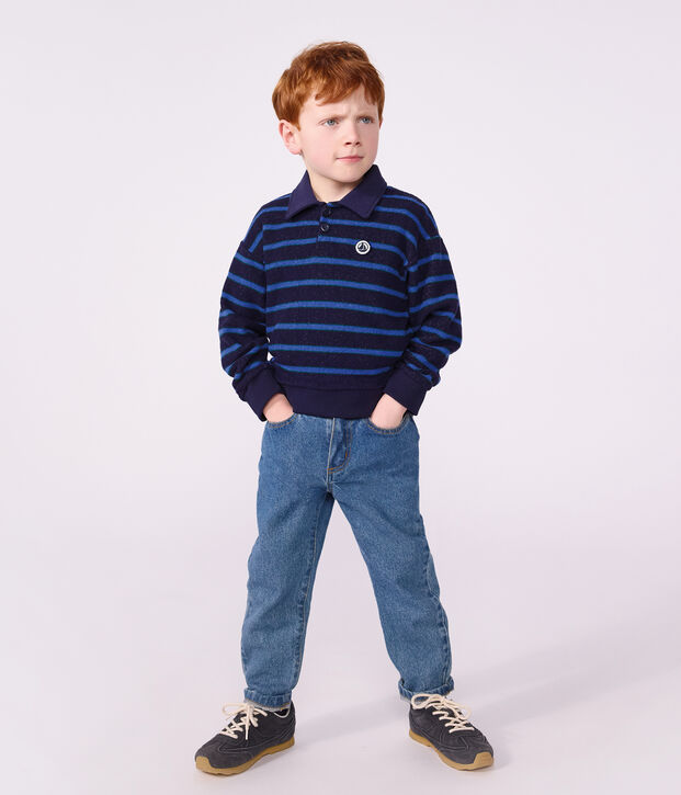 Kinder-Sweatshirt mit Polokragen aus Baumwolle mit Streifen blau/gr&uuml;n/blau
