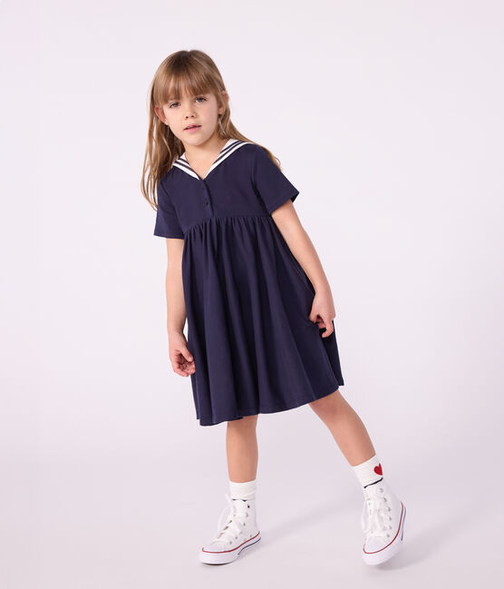 Kurzärmeliges Kinder-Kleid aus einfarbiger Baumwolle  blau SMOKING