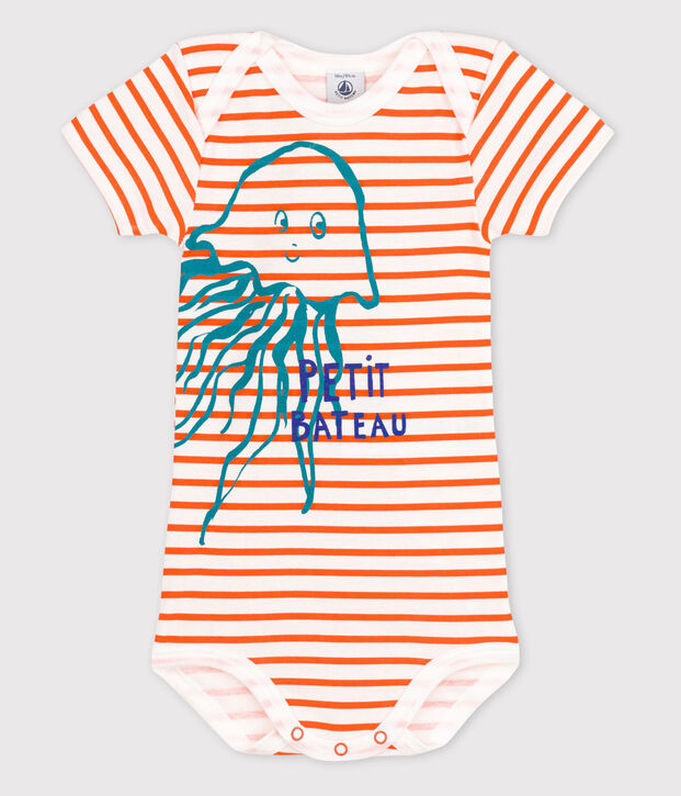 Kurz&auml;rmeliger Baby-Body f&uuml;r M&auml;dchen weiss/orange