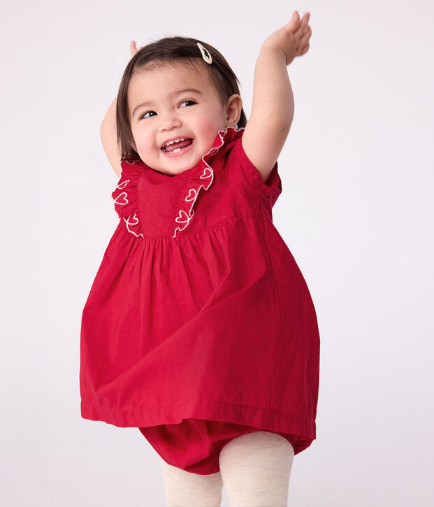 Kurz&auml;rmeliges Babykleid aus einfarbiger Baumwolle und dazu passender Bloomer rot