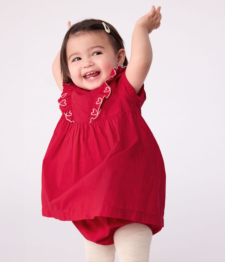 Kurz&auml;rmeliges Babykleid aus einfarbiger Baumwolle und dazu passender Bloomer rot