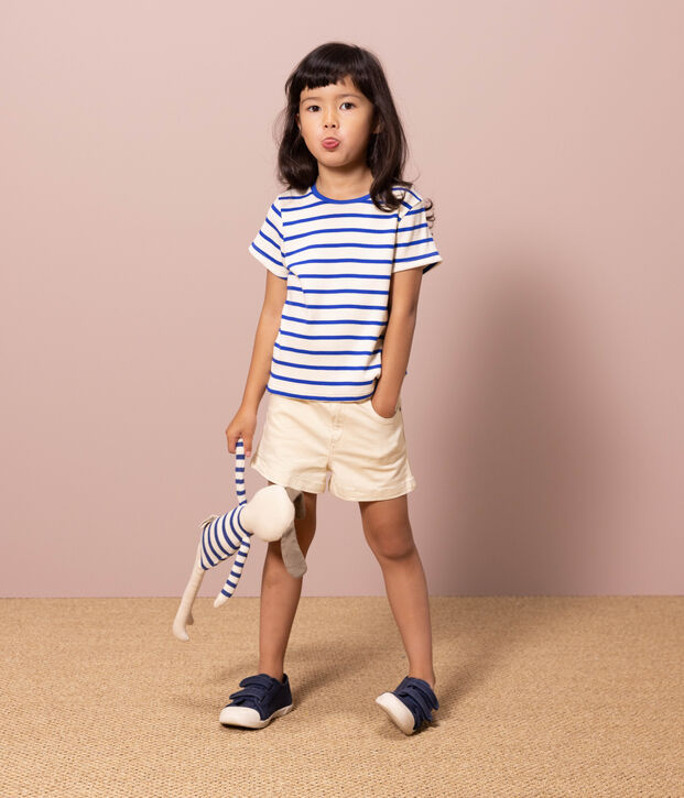 Gestreiftes Kinder-T-Shirt aus Baumwolle f&uuml;r M&auml;dchen naturfarben/blau
