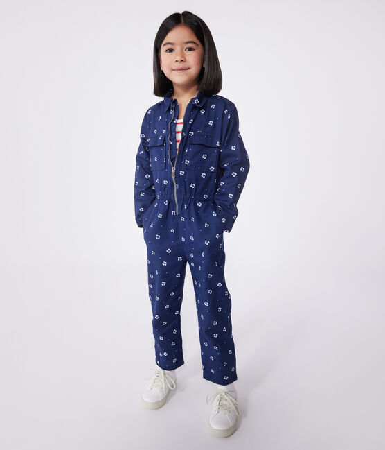 Langärmeliger Kinder-Overall aus Baumwolle mit Blumenmuster blau MEDIEVAL/weiss MARSHMALLOW