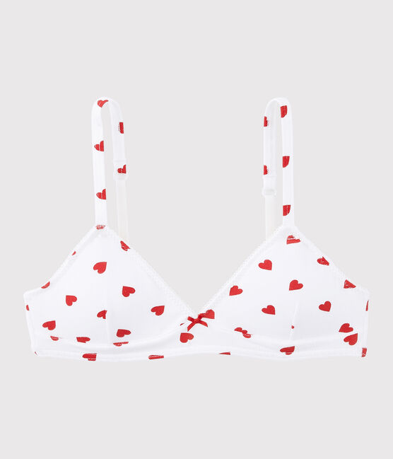 BH mit Pads aus Bio-Baumwolle und Elasthan mit rotem Herz-Motiv für Mädchen weiss MARSHMALLOW/rot PEPS