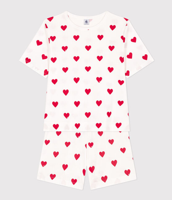 Kurz-Pyjama aus Baumwolle für Damen weiss MARSHMALLOW/rot TERKUIT