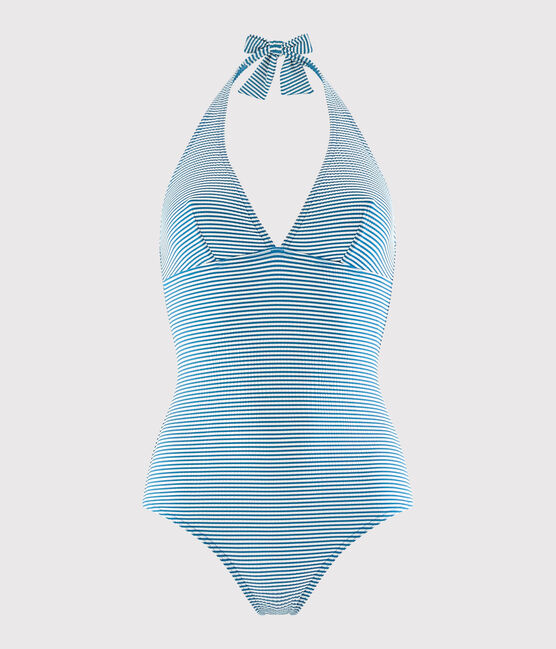 Damen-Badeanzug aus recyceltem Material blau MYKONOS/weiss MARSHMALLOW