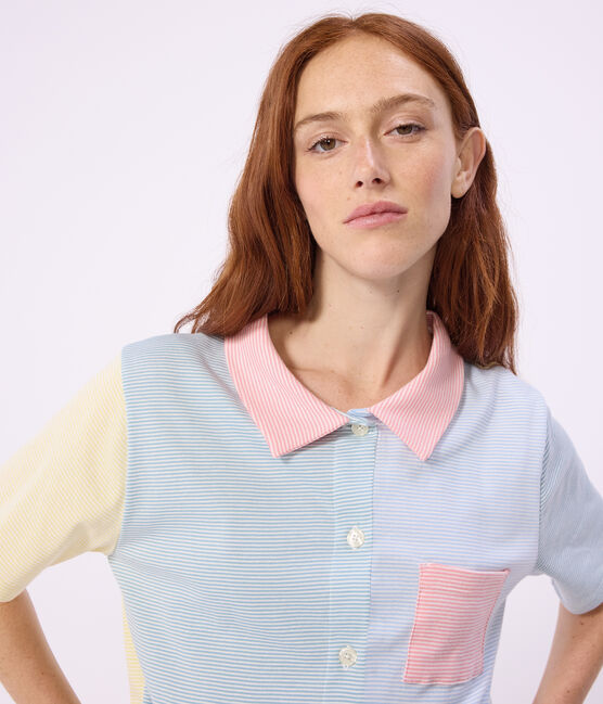 Gestreifte Damen-Pyjamashorts aus Baumwolle mit Knopfleiste weiss MARSHMALLOW/weiss MULTICO