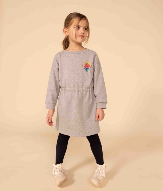 Langärmeliges Kleid aus Molton für Mädchen grau CHATON CHINE