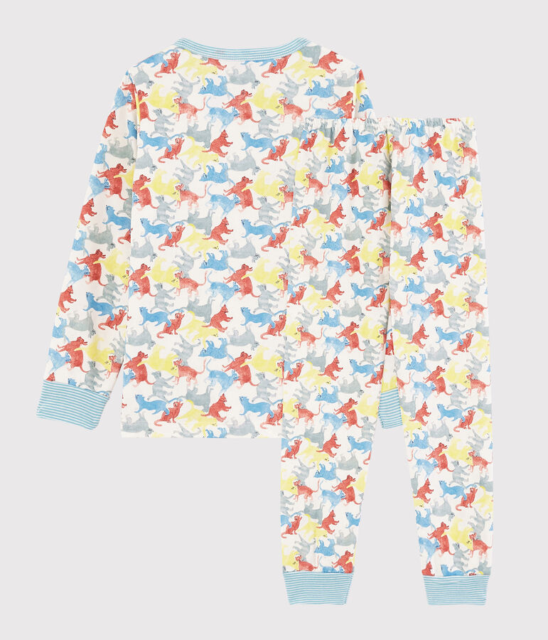Kinderpyjama aus Molton mit Katzenmotiv f&uuml;r Jungen weiss/vielfarbig