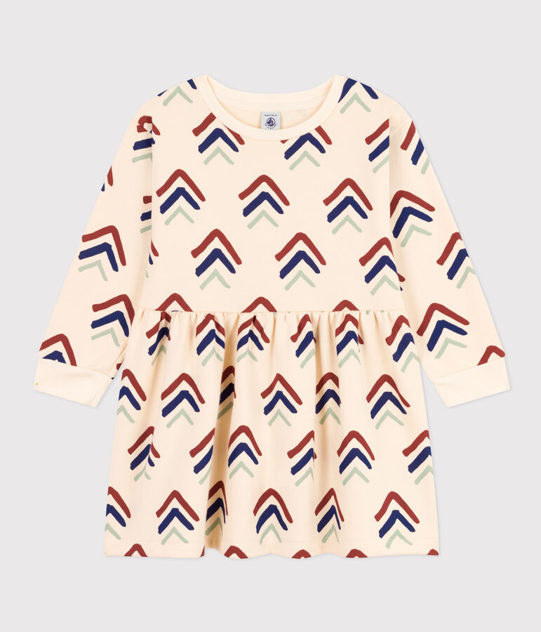 Gemustertes M&auml;dchenkleid mit langen &Auml;rmeln aus Molton naturfarben/blau/vielfarbig