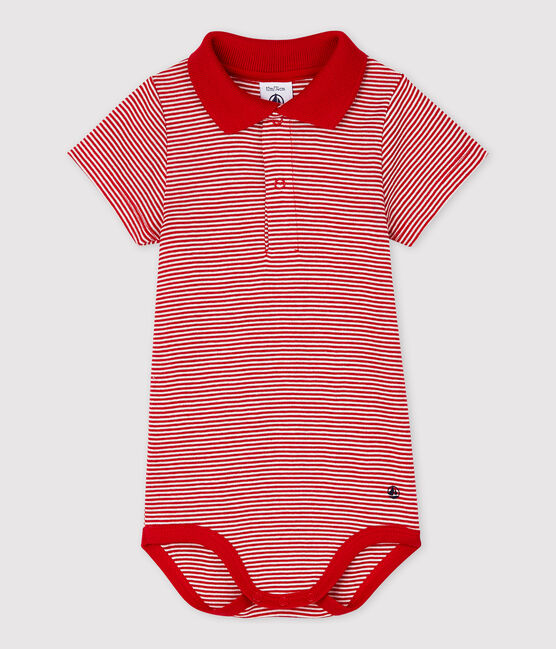 Kurzärmeliger Baby-Body mit Polo-Kragen aus Baumwolle für Jungen rot TERKUIT/weiss MARSHMALLOW