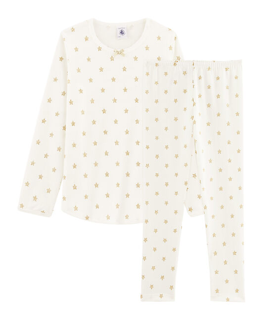 Rippstrick-Pyjama mit Sternen für kleine Mädchen weiss MARSHMALLOW/gelb OR