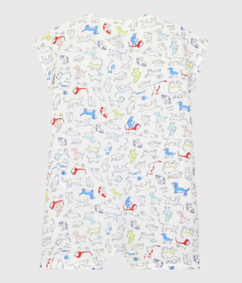 Baby-Einteiler aus Bio-Baumwoll-Windelstoff mit farbigem Hundewelpen-Motiv weiss MARSHMALLOW/weiss MULTICO