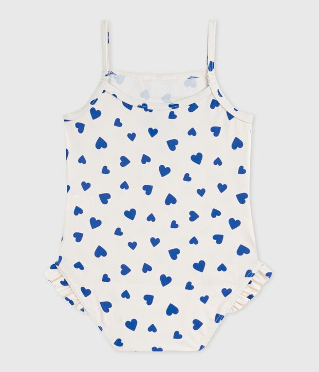 Einteiliger Baby-Badeanzug mit R&uuml;schen und Herzmotiv weiss/blau
