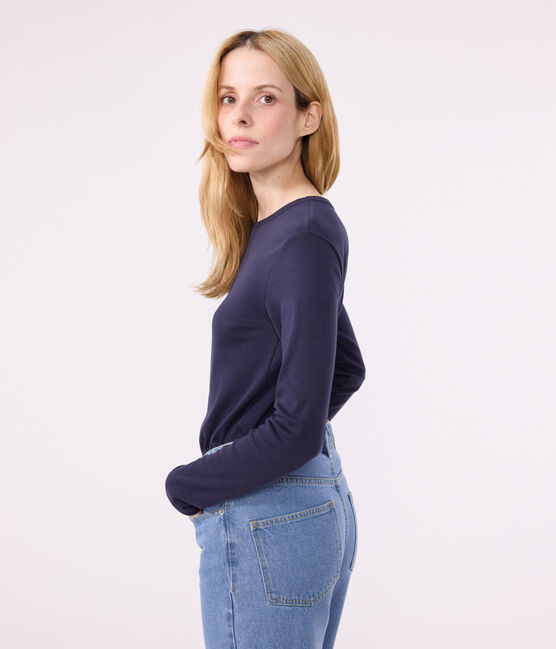Langärmeliges Damen-T-Shirt L'Iconique aus einfarbigem Rippstrick blau SMOKING