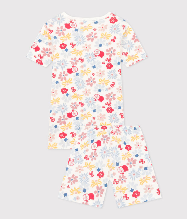 Kurzer, k&ouml;rpernaher Kinderpyjama aus Baumwolle mit Blumenmuster weiss/vielfarbig