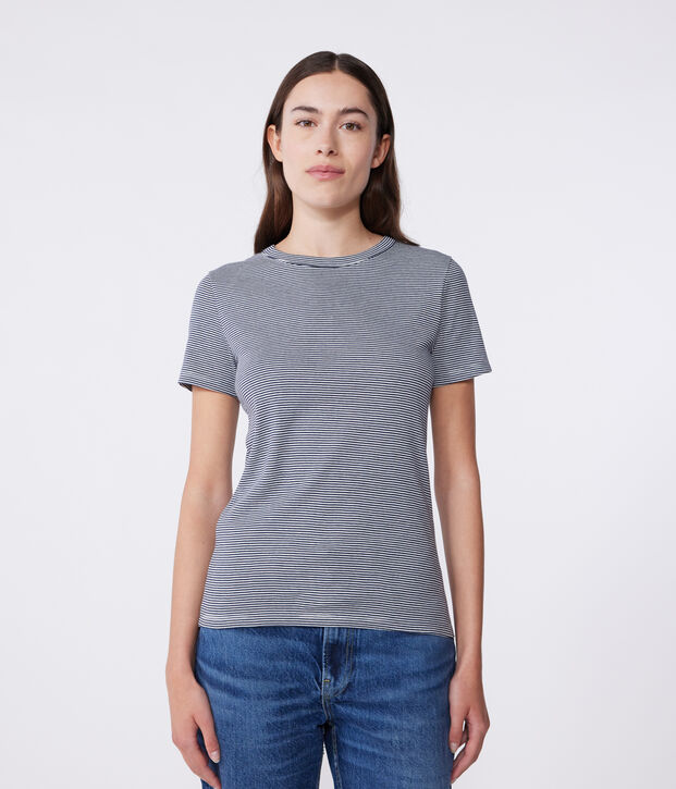 Kurz&auml;rmeliges Damen-T-Shirt L'Iconique aus gestreiftem Rippstrick blau/weiss