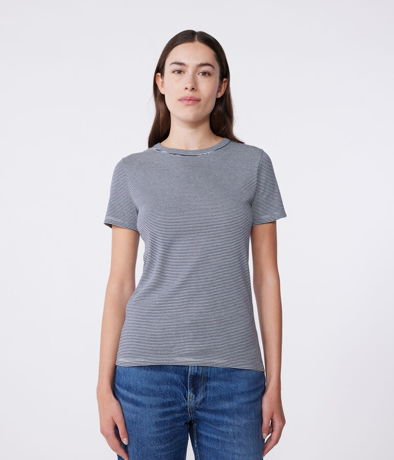 Kurz&auml;rmeliges Damen-T-Shirt L'Iconique aus gestreiftem Rippstrick blau SMOKING/weiss MARSHMALLOW