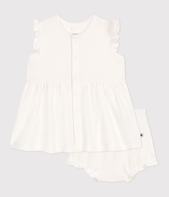 Kurzärmeliges weißes Baby-Kleid mit Wabenmuster und Bloomer weiss MARSHMALLOW